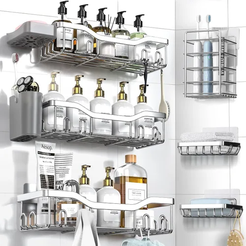 Vista 12 de NESOMI Organizador de Ducha Adhesivo Juego de 7 Piezas, Estantes de Baño de Acero Inoxidable a Prueba de Óxido, Accesorios de Almacenamiento sin