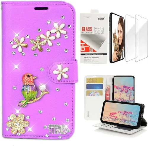 Vista 6 de Bling - Funda de piel tipo cartera compatible con Samsung Galaxy S21 Ultra - Elegante - 3D hecha a mano con colgante de hojas de lujo con protector