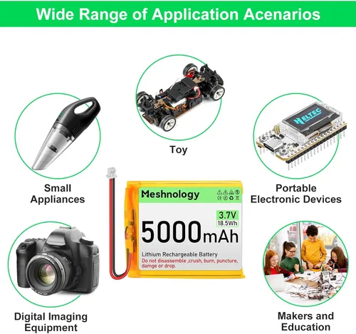 Vista 5 de Batería LiPo de 3.7 V 5000 mAh recargable 1S 955565 Batería de polímero de litio con placa de protección, cinta de goma aislada, enchufe micro JST