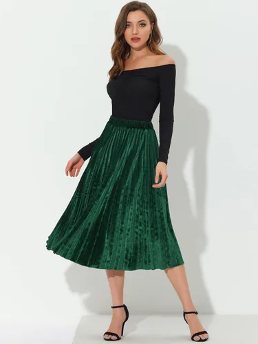Vista 3 de Allegra K Falda midi plisada de terciopelo para mujer, de cintura alta, elástica, para otoño e invierno