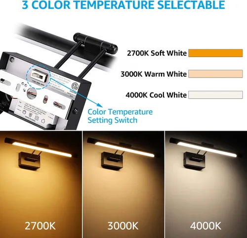 Vista 2 de LEONLITE 3CCT - Luz LED regulable, 2700 K/3000 K/4000 K seleccionable, marco de fotos giratorio CRI90 de metal completo para arte de pared, pintura