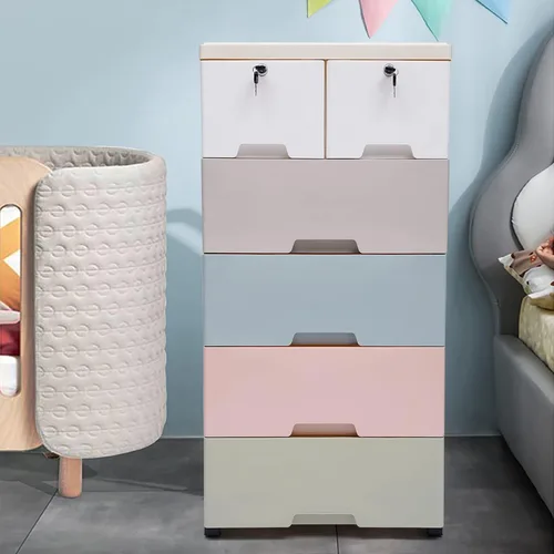 Vista 7 de LOYALHEARTDY Cómoda de plástico con 6 cajones, organizador alto para sala de juegos, muebles, 5 ruedas, 2 cerraduras, capacidad de carga de 66