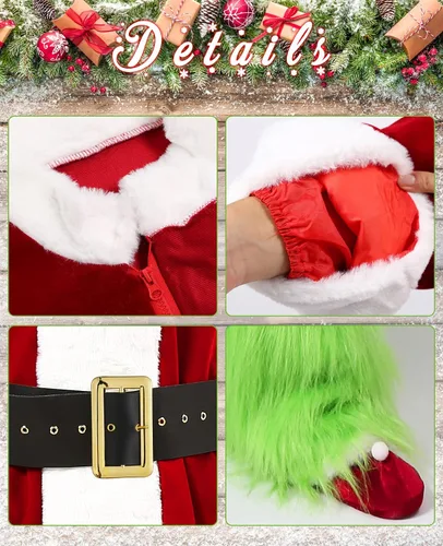 Vista 5 de VeMee Green Big Monster Costume 9 PCS Christmas Deluxe Furry Adult Santa Suit Green Claus Holiday Outfit Set