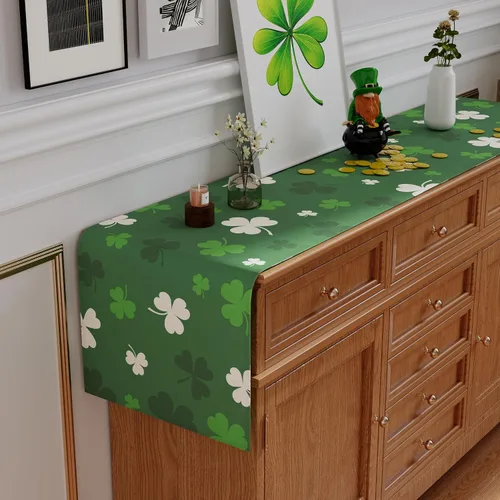 Vista 3 de Siilues Camino de mesa del día de San Patricio, decoraciones del día de San Patricio, trébol verde, decoración de mesa de primavera para fiesta