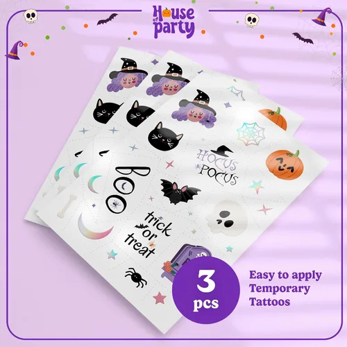 Vista 2 de HOUSE OF PARTY Tatuajes temporales de Halloween para niños, 84 calcomanías de Hocus Pocus, tatuajes de murciélago, calcomanías de calavera, tatuajes