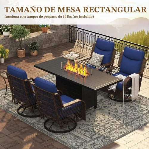 Vista 6 de PIZZELLO Juego de muebles de patio de 10 piezas con mesa de fuego de Cojín azul/mimbre
