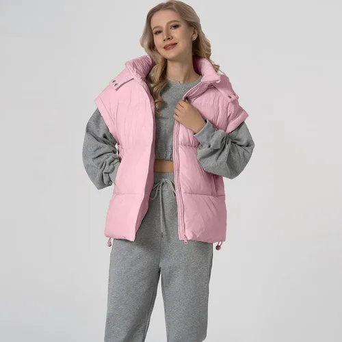 Vista 24 de Shiyifa Chaleco acolchado para mujer, chaqueta de gran tamaño, sin mangas, ligera, con cremallera, con capucha desmontable