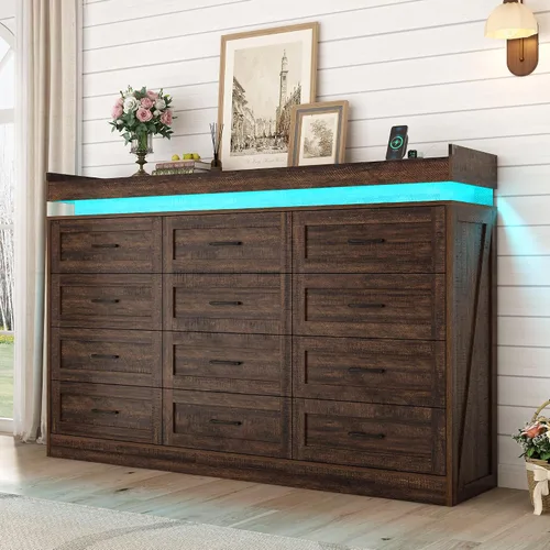 Vista 3 de Cómoda grande de 180 cm de ancho por 117 cm de alto con 12 cajones estilo granja para dormitorio con luz LED y tomas de corriente, cómoda de madera