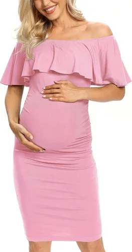 Vista 3 de AONESX Vestido de maternidad ajustado con volantes y hombros descubiertos, vestido de embarazo formal para baby showerfotografía