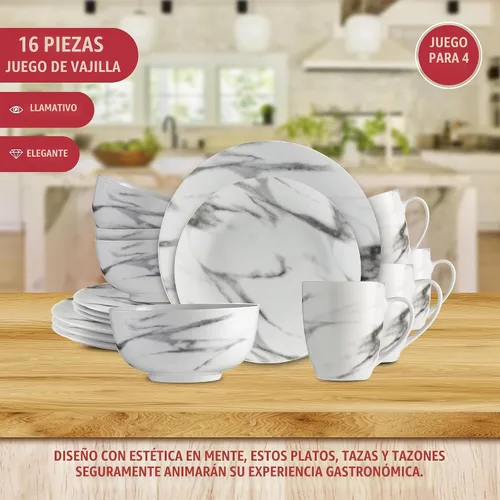 Vista 4 de Safdie & Co. - Juego de vajilla de mármol de 16 piezas, porcelana, color blanco