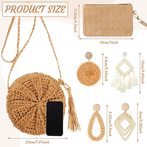 Vista 5 de Sweetude Bolso de mano de paja para mujer, juego de aretes de ratán, bolsa de paja de verano, playa, bolso bohemio, cartera tejida para vacaciones