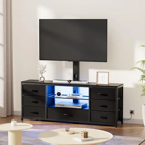 Vista 8 de Soporte de TV con soporte y 7 cajones de tela, centro de entretenimiento LED con tomas de corriente para televisores de 32, 45, 55, 60, 65, 70