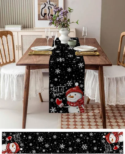 Vista 3 de Camino de mesa de muñeco de nieve de Navidad negro – Lino de algodón de 36 pulgadas de largo, bufandas de vestido de Navidad con copo de nieve