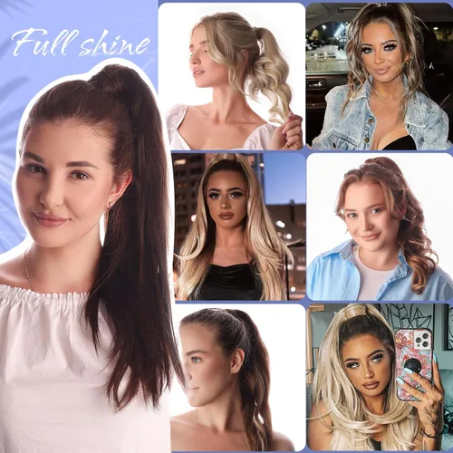 Vista 7 de Extensiones de cabello Full Shine con clip para cola de caballo, cabello humano, tonos medios marrones y rubio miel, envoltura alrededor de la cola