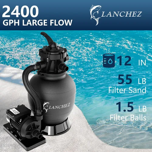 Vista 2 de LANCHEZ Filtro de arena con bomba de piscina, bomba de piscina sobre el suelo, sistema de bomba de filtro de arena de válvula de 7 vías, 12 pulgadas