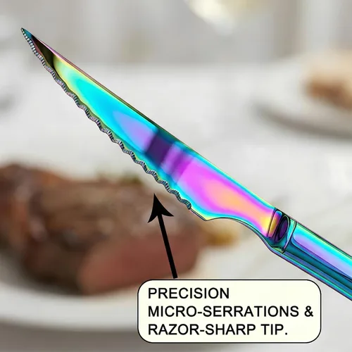 Vista 2 de Paquete de 6 cuchillos de carne de acero inoxidable arcoíris, iridiscentes dentados afilados para mesa de cocina