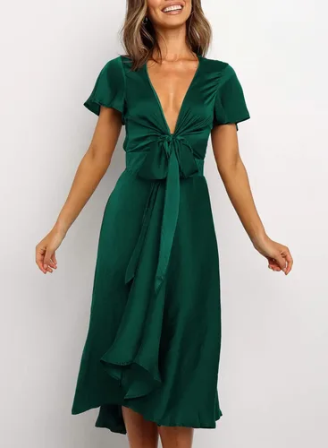 Vista 6 de miduo - Vestido largo de satén con cuello en V, volantes, manga corta, lazo frontal, cintura alta, longitud por debajo de la rodilla y acampanado