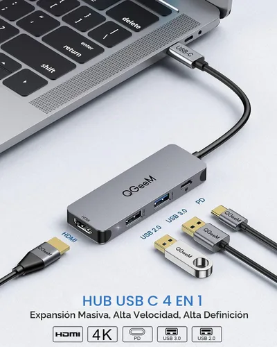 Vista 3 de QGeeM USB C Hub 4 en 1 adaptador AV digital multipuerto 4K HDMI, entrega de energía de 100 W, 2 puertos de datos USB-A, dongle USB C compatible