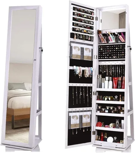 Vista 5 de sogesfurniture BHUS-QH-7021C - Armario de madera con cerradura y espejo de longitud completa, giratorio de 360, organizador de joyas con cerradura
