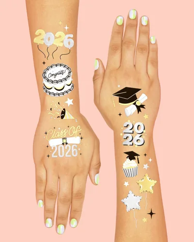 Vista 4 de xo, Fetti Tatuajes temporales de graduación 2026 – 48 estilos de aluminio Decoraciones de fiesta de graduación, accesorio para niñas graduadas