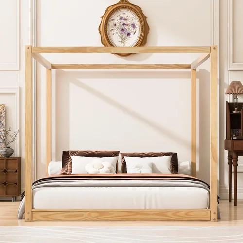 Vista 9 de Cama con dosel de metal, con plataforma de 4 postes de Coner con cabecera entrecruzada y estribo, tamaño Queen