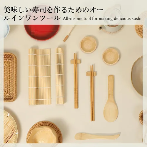 Vista 9 de Delamu Kit de fabricación de sushi, kit de rodillos de bazuca 20 en 1 con cuchillo de chef, alfombrillas de bambú, molde de arroz, alfombrillas