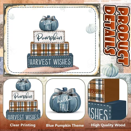 Vista 4 de 4 Piezas Calabazas Azules Decoración de Otoño Letrero de Bandeja Escalonada de Madera, Decoraciones Rústicas de Granja Calabaza de Otoño Juego