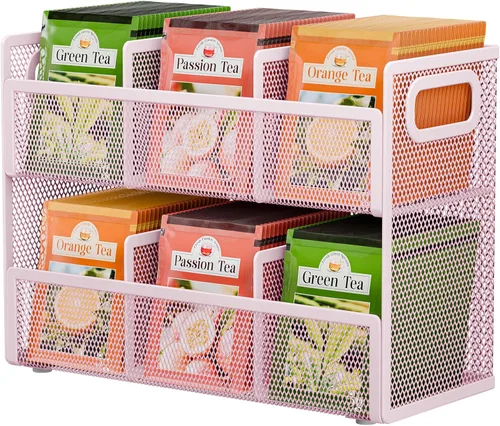 Vista 11 de Tea Bag Organizer 6 Grids. Mesh Tea Bag Holder with Handle, Teabag Holder, Tea Station Organizer for Countertop, Pantry, Kitchen, Cabinet - Pink