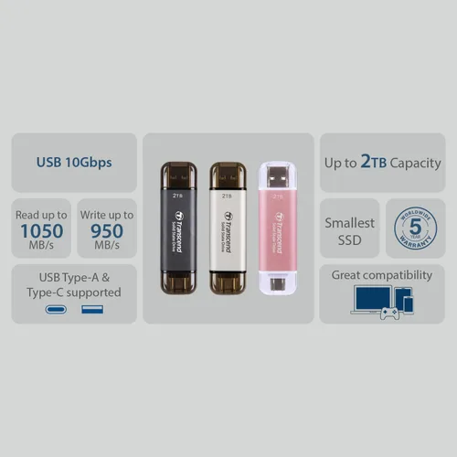 Vista 5 de Transcend ESD310 SSD externo de 2 TB, hasta 1,050 MB/s, unidad USB dual para iPhone17,16,15, iPad y Mac/Tesla/Steam Deck/ROG Ally/MSI Rosa