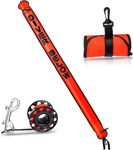 Vista 8 de Juego de boya marcador de superficie, tubo de señal inflable de alta visibilidad de 6 pies con tubo de señal de fondo cerrado con carrete de dedo