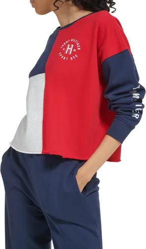 Vista 2 de Tommy Hilfiger Sudadera estampada con cuello redondo y manga para mujer, ligeramente recortada, con estampado de bloques