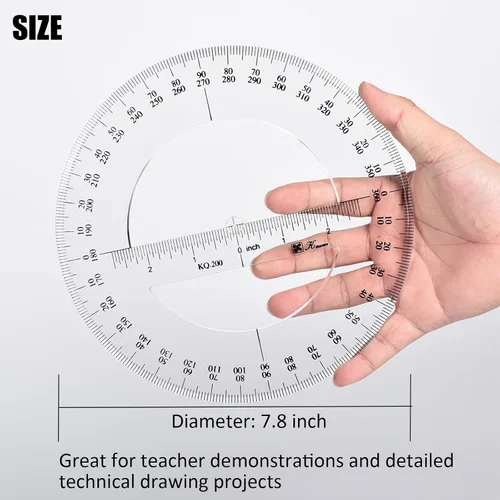 Vista 3 de SEIWEI Transportador de 360 grados, regla circular matemática de 7.8 pulgadas, herramienta de medición de ángulo de plástico transparente con escala