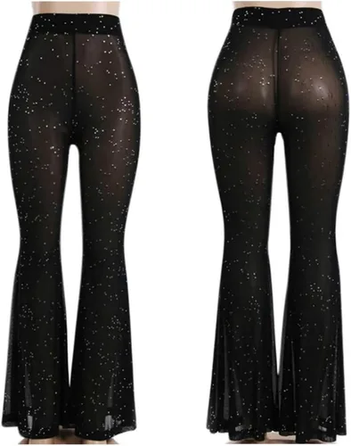 Vista 5 de Pantalones de malla transparente para mujer, acampanados, para festivales de baile, clubes