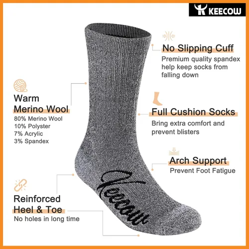 Vista 2 de KEECOW Calcetines de lana merino para hombres y mujeres, térmicos, cálidos, acogedores, de invierno, para senderismo, trabajo, correr, 3 pares
