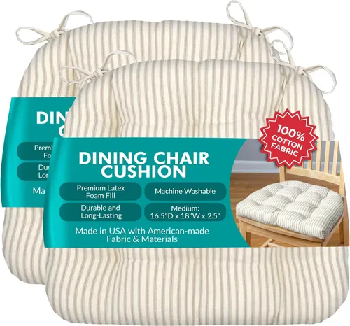 Vista 101 de Barnett Home Decor Ticking Stripe Berlin Blue - Almohadilla para silla de comedor con lazos, tamaño mediano 18, relleno de espuma de látex, lavable