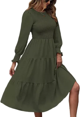 Vista 6 de SEBOWEL Vestido largo de manga larga con cuello redondo para mujer, con volantes escalonados, acampanado, vestido fluido para fiesta de cóctel