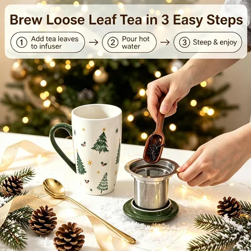 Vista 6 de Taza de té de cerámica con tapa, infusor y cuchara, 16 onzas Verde (Green Christmas)
