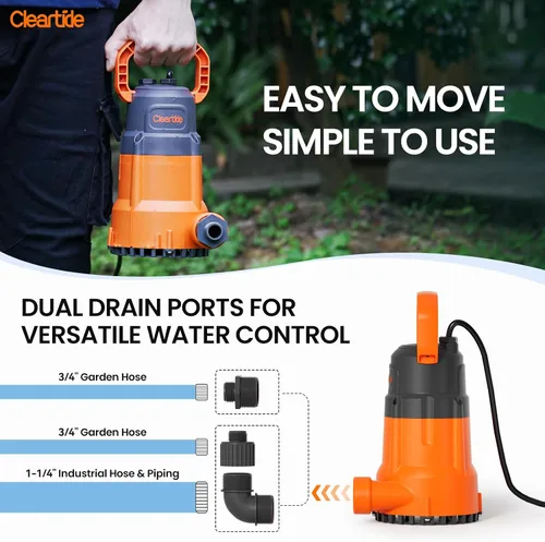 Vista 3 de Cleartide Bomba de agua sumergible de 1 HP, bomba de sumidero de 4500 GPH, enchufe portátil y trabajo para estanque, riego de jardín, piscina