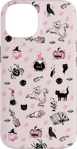 Vista 4 de iPhone 16 Vintage Halloween Case Pumpkins Ghosts Witch Skulls Pink Case