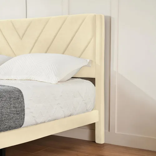 Vista 4 de Base de cama de plataforma de tamaño matrimonial con cabecera de terciopelo, borde de ala, listones de madera resistentes, sin ruido, no necesita