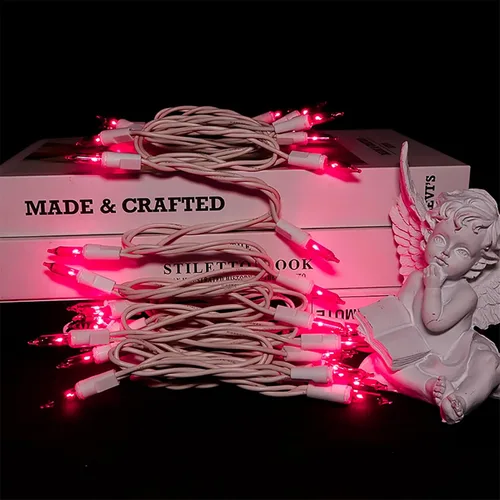 Vista 2 de MULTI-SPARKING Guirnalda de luces de Navidad rosadas, 35 unidades, incandescentes, mini luces de Navidad rosadas para árboles pequeños