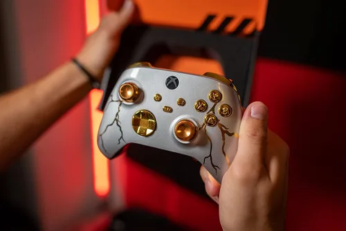 Vista 2 de Gold Thunder" UN-MODDED Custom Controller compatible with Xbox One SX Unique Design (with 3.5 jack)