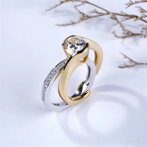 Vista 6 de Jeulia Anillo asimétrico de 2,5 quilates para mujer de corte redondo de diamantes de 14 quilates chapado en oro de 14 quilates anillos de compromiso