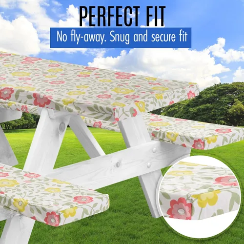 Vista 5 de LINPRO Funda de mesa de picnic prémium con fundas de banco, fundas de vinilo ajustables para mesa de picnic con accesorios elásticos de camping