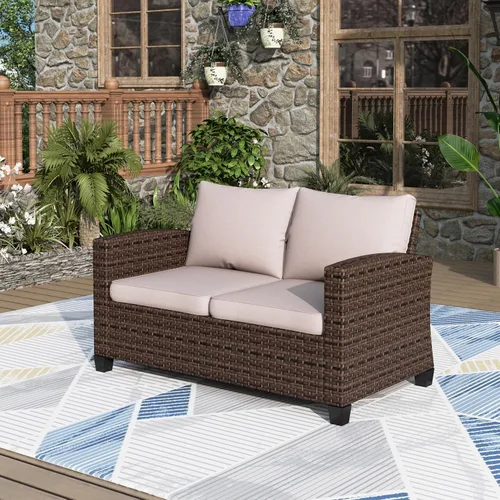 Vista 9 de MIXPATIO Sofá de mimbre para patio de 3 asientos, asientos profundos, con Beige