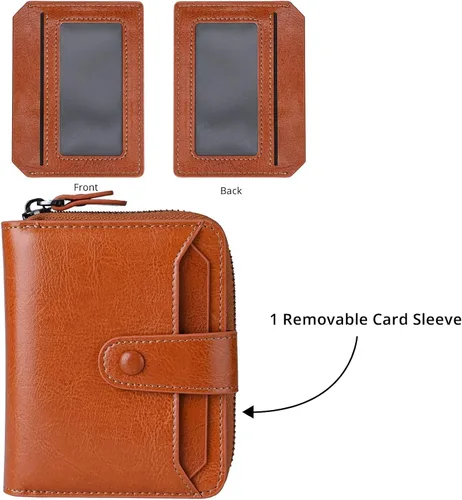 Vista 4 de Billetera pequeña para mujer con bloqueo RFID, cierre de cuero, bolsillo para monedas, tarjetero, con ventana de identificación, Marrón