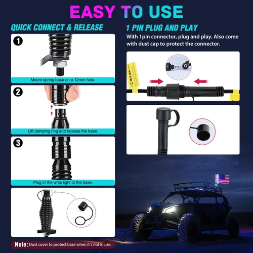 Vista 5 de Nilight Luz LED para látigo, 1 antena COB RGB de 2 pies con base de resorte, aplicación Bluetooth y control remoto, patrones de persecución