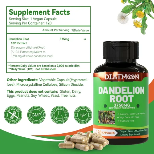 Vista 6 de Suplemento de raíz de diente de león 3750 mg, 100% vegetariano, sin OMG, sin gluten, 120 cápsulas, suministro para 4 meses