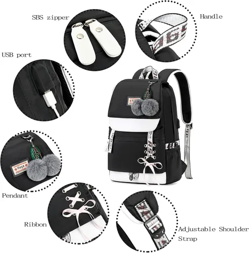 Vista 2 de Mochila Asge escolar, informal, para libros, de uso diario, para niña, negro 2), ASGE-BB-03