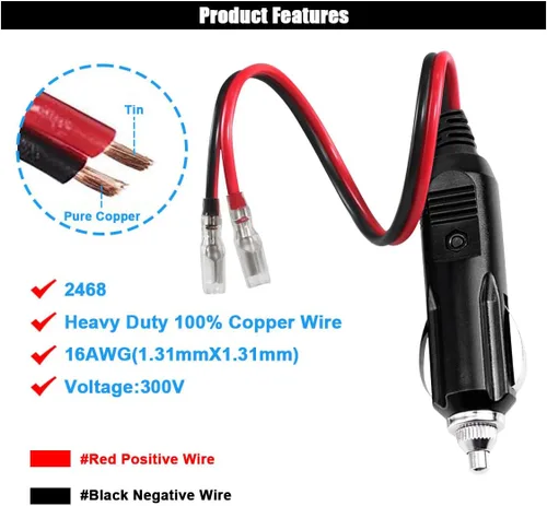Vista 5 de Enchufe Macho de Encendedor de Cigarrillos de Repuesto de 12V con Cables y Luz LED - Conector de Toma de Encendedor de Cigarrillos Macho